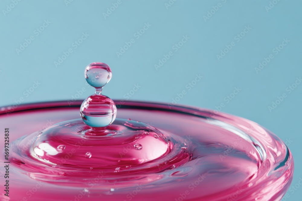 Poster close-up image of vibrant pink water droplet creating a splash on surface with blue background and r