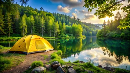 Yellow Tent at Lakeside Campsite Surrounded by Green Forest and Reflections