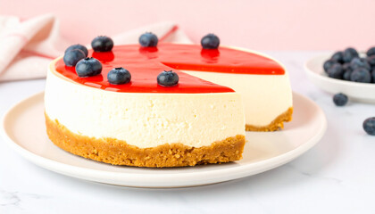 Whole Cheesecake and a Slice with Fresh Blueberries and Red Jelly