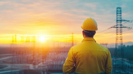 Worker in safety helmet observing power lines and electrical infrastructure du sunset for energy industry and industrial safety concepts