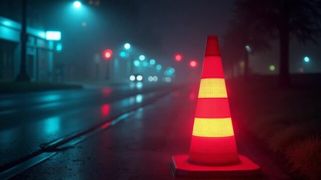 Bright Neon Traffic Cone on Rainy Night Road