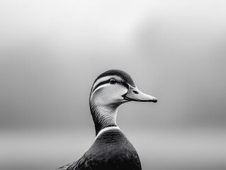 Close-up black and white portrait of a calm duck with detailed feather patterns and expressive eye, against a blurred neutral background in natural outdoor setting