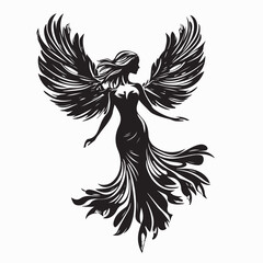 Graceful Angel Dancing with Large Feathered Wings Vector Illustration on white background