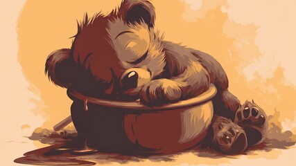 Sleeping teddy bear illustration in a bowl dreamy artistic cartoon style