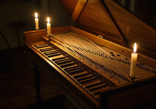 Open harpsichord illuminated by candlelight, creating a warm and intimate atmosphere with visible strings and keys.