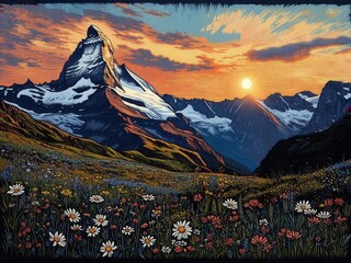 Sunset over Matterhorn with wildflower meadow
