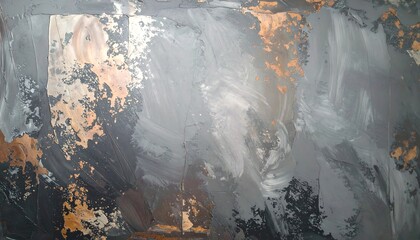 Abstract painting, textured surface of grey, beige, and copper