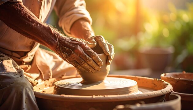 Skilled hands shaping clay on a potter's wheel