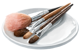 makeup brushes on a white plate, isolated against a transparent background, in a png file format..png