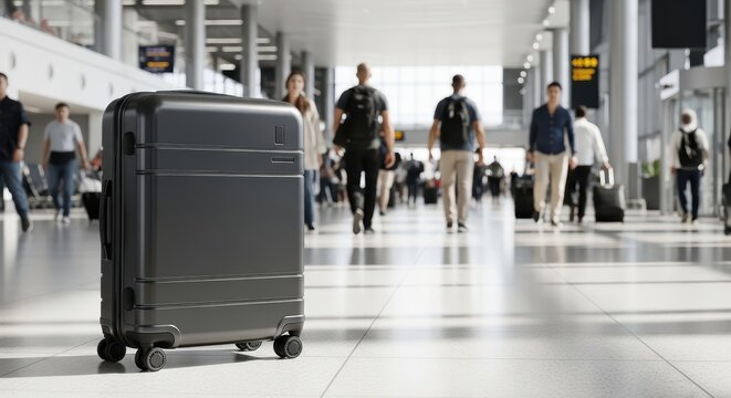 Gray suitcase on airport floor surrounded by diverse travelers