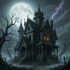 Haunted House Spooky Mansion with Full Moon and Lightning in Eerie Forest: Gothic Architecture and Abandoned Building in a Halloween-Themed Nighttime Scene with Ghostly Vibes