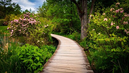 Fototapeta premium Wooden path winding through a lush garden