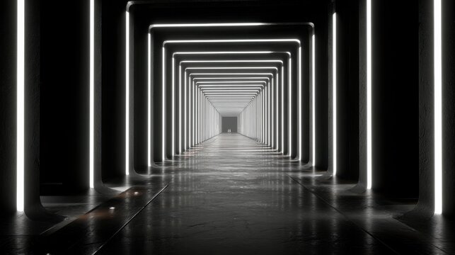 Futuristic corridor with glowing neon lights and reflections on the floor creating a mesmerizing tunnel effect