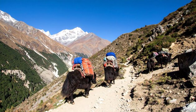 Mountain path, yak caravans