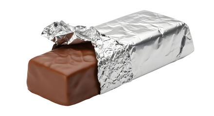 Delicious chocolate candy bar partially unwrapped in shiny silver foil wrapper ready to eat a sweet treat for dessert or a quick snack on transparent background