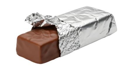 Delicious chocolate candy bar partially unwrapped in shiny silver foil wrapper ready to eat a sweet treat for dessert or a quick snack on transparent background