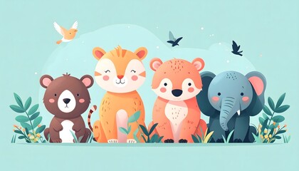 Naklejka premium Adorable Cartoon Baby Animals with Forest Friends Together on a Gentle Background
