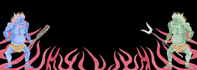 地獄の業火 炎 鬼　背景 フレーム 横長　水彩 イラスト