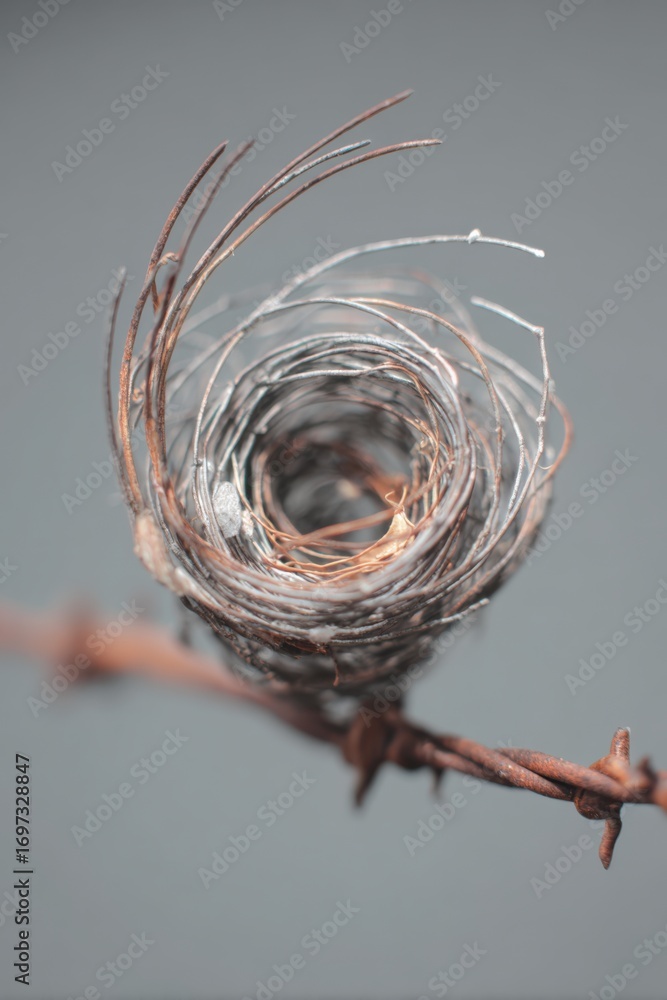 Aufkleber artistic representation of coiled wire forming a unique shape with barbed wire against a soft gray b