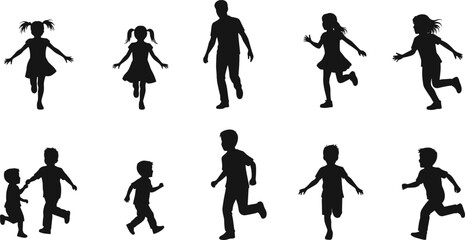 Silhouette of children running, kids playing together, childhood activity, outdoor fun, happy boys and girls, active lifestyle illustration