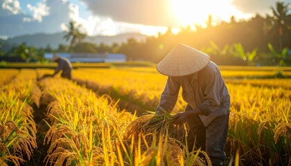 Fototapeta premium Rice Harvesting in Rural Fields,Farmers working in golden rice fields during harvest season in Asia.
