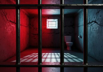 Grim prison cell with barred window and dramatic lighting