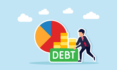 Businessman carrying a stack of coins to place on a box labeled debt beside a pie chart illustration of paying off company business debt