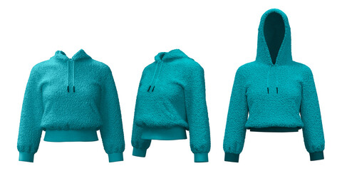 Realistic 3D dense fleece hoodie design in vibrant turquoise color © puruan