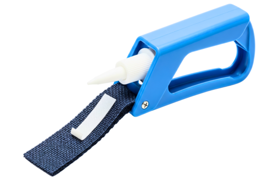 Blue plastic handheld tool with a fabric strap and applicator isolated on a transparent background