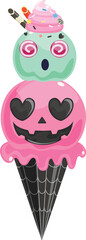Colorful spooky ice cream cone featuring a ghostly green scoop and Halloween-themed pink scoop.