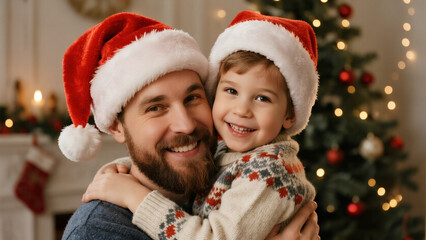 A holiday scene featuring a father and his young child, both wearing festive Santa hats. Christmas, Christmas Tree, Merry Christmas, Christmas Background, Christmas Lights