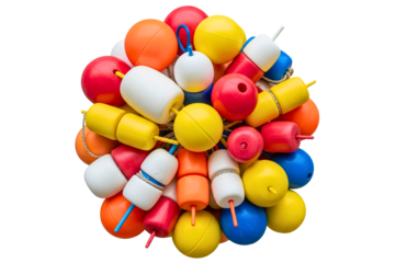 Colorful cluster of plastic fishing net buoys and floats isolated on a transparent background
