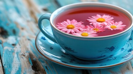 Bright Pink Flowers Floating in Tea in a Blue Cup on Wood Table