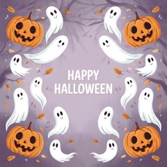 Fototapeta premium Festive happy halloween background with pumpkins and cute ghosts in a whimsical design