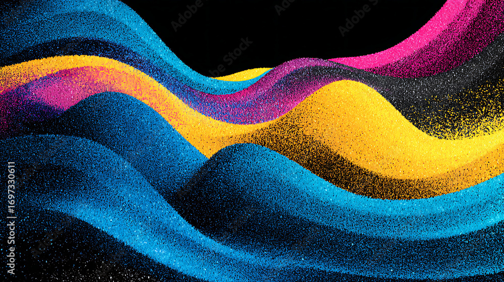 Aufkleber dynamic color flow blue yellow pink wave on a black background with a grainy texture, perfect for ba