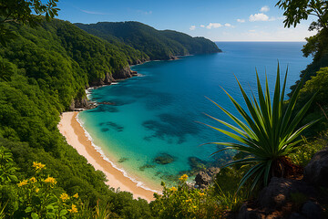 Obraz premium Tropical bay with turquoise water and golden sand beach framed by green forest