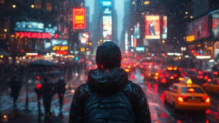 Obraz premium Person standing in a snowy, bustling city at night