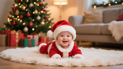 A scene featuring a joyful baby dressed as Santa Claus, lying on a fluffy white rug. Christmas, Christmas Tree, Merry Christmas, Christmas Background, Christmas Lights
