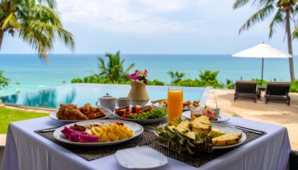 Sumptuous Breakfast on a Table Overlooking a Swimming Pool and the Sea