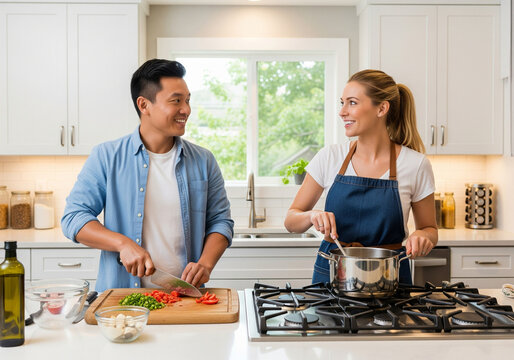 Joyful multiethnic couple cooking a healthy meal together in their bright and modern home kitchen