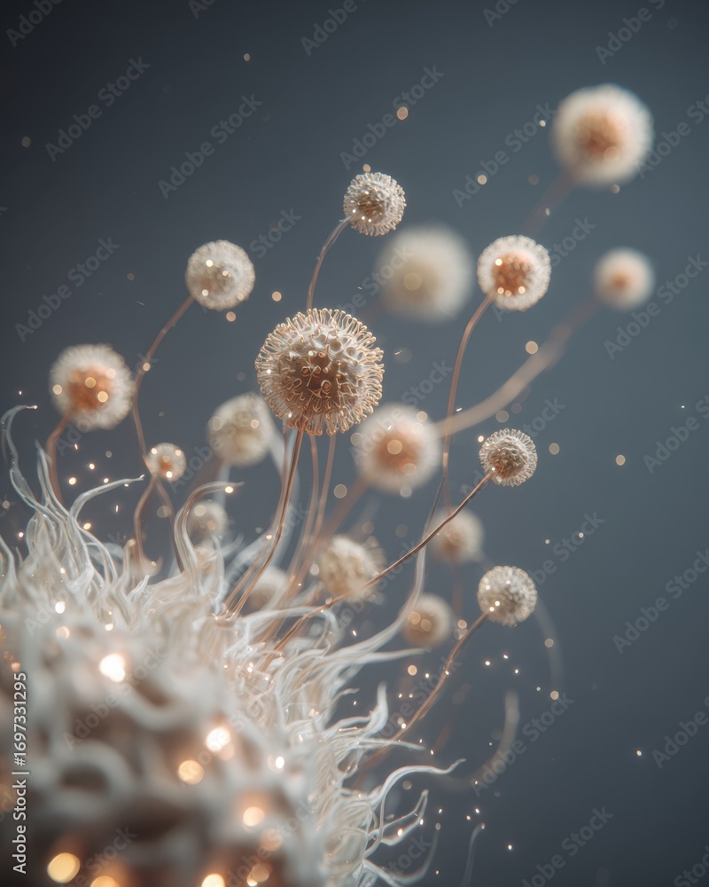 Poster intricate microorganisms in abstract style with soft glowing elements and delicate tendrils on a gra
