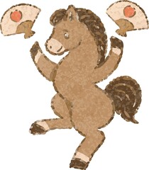 踊る馬と扇子の手描きイラスト。2026年午年のかわいい年賀状素材