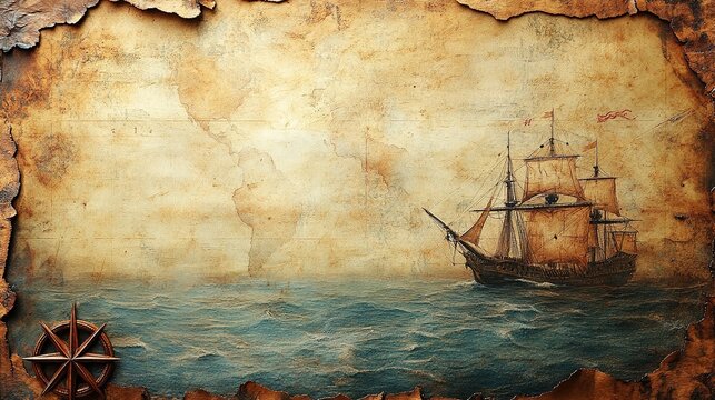 Vintage pirate map background—distressed textures, old-world feel; soft blurred pastel colors evoke timelessness, classic fantasy tale landscape atmosphere; elegant & simple
