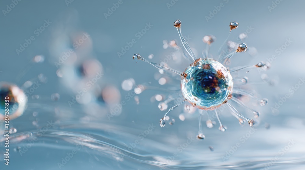Poster close-up view of microscopic virus particles in a fluid environment with detailed structures and col