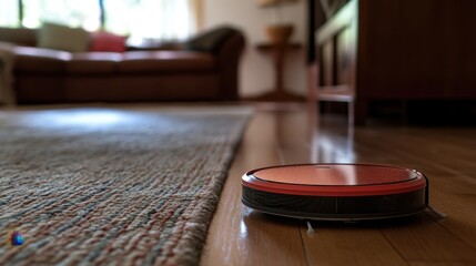 Robotic Vacuum Moving from Wooden Floor to Carpet in Living Room
