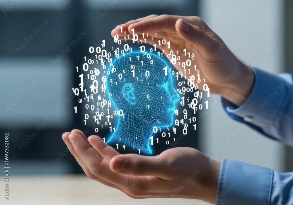 Poster hands holding abstract digital brain with flowing data