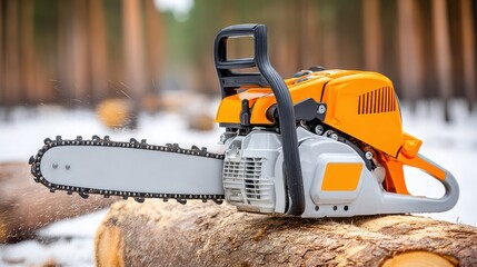 Orange Chainsaw on Cut Log in Snowy Forest. Professional Timber Felling Tool for Woodworking and Forestry.