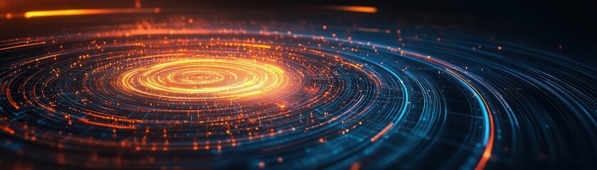 Abstract digital vortex of glowing orange and blue concentric circles spiraling in space with a dynamic futuristic high-tech appearance for visual art design