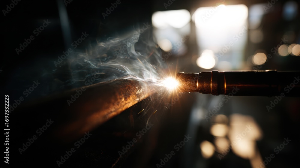 Poster close-up of welding torch creating sparks and smoke in workshop with soft lighting effects in backgr