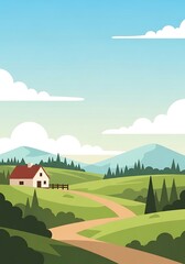 A peaceful dwelling in a serene landscape with a winding path ahead